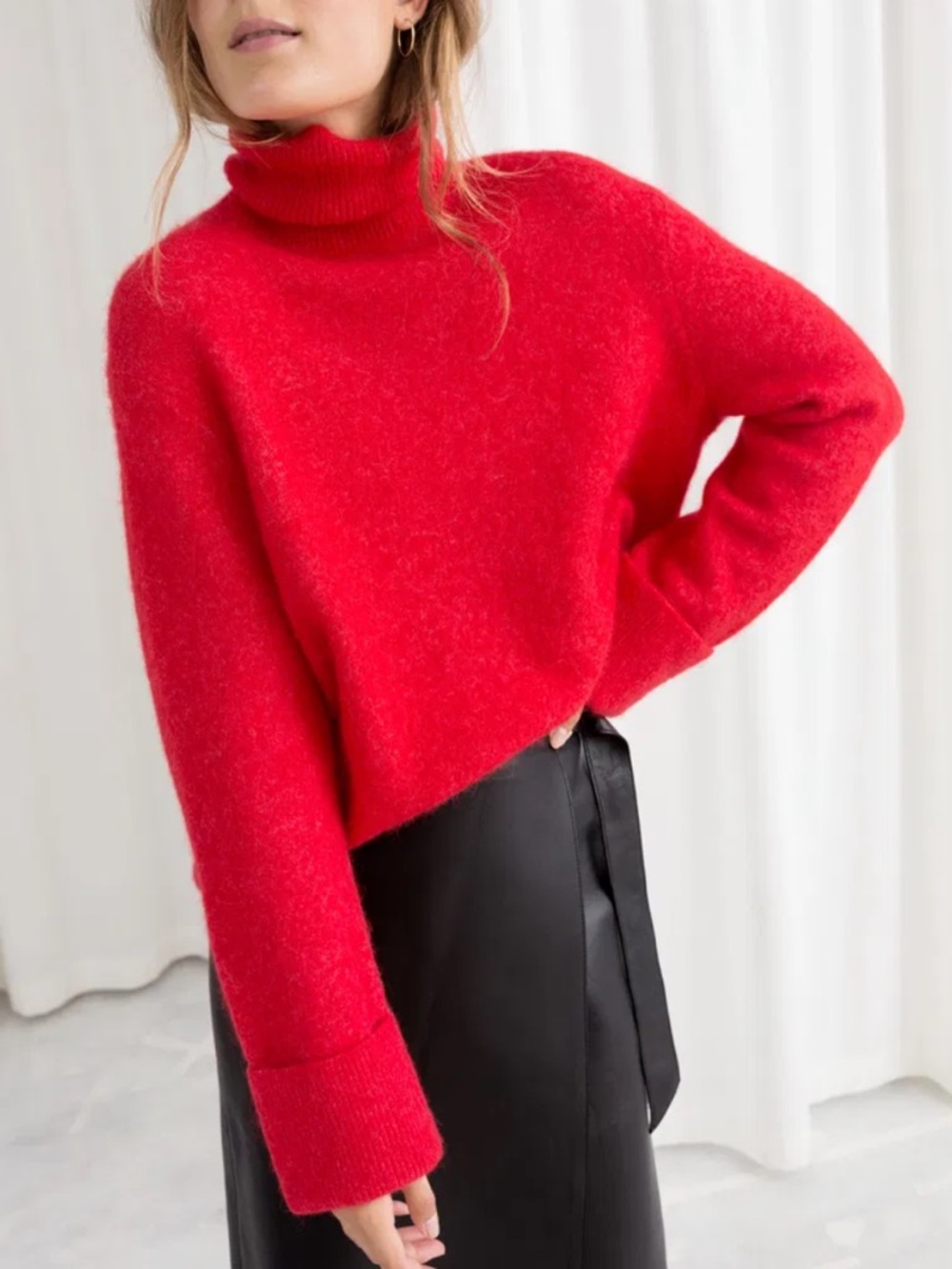 & Other Stories Alpaca Blend Turtleneck Sweater Red Cropped Soft Cozy Knit M